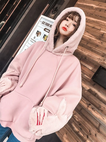 Утепленная удерживающая тепло розовая толстовка с капюшоном, зимняя мультяшная куртка, коллекция 2021, в корейском стиле