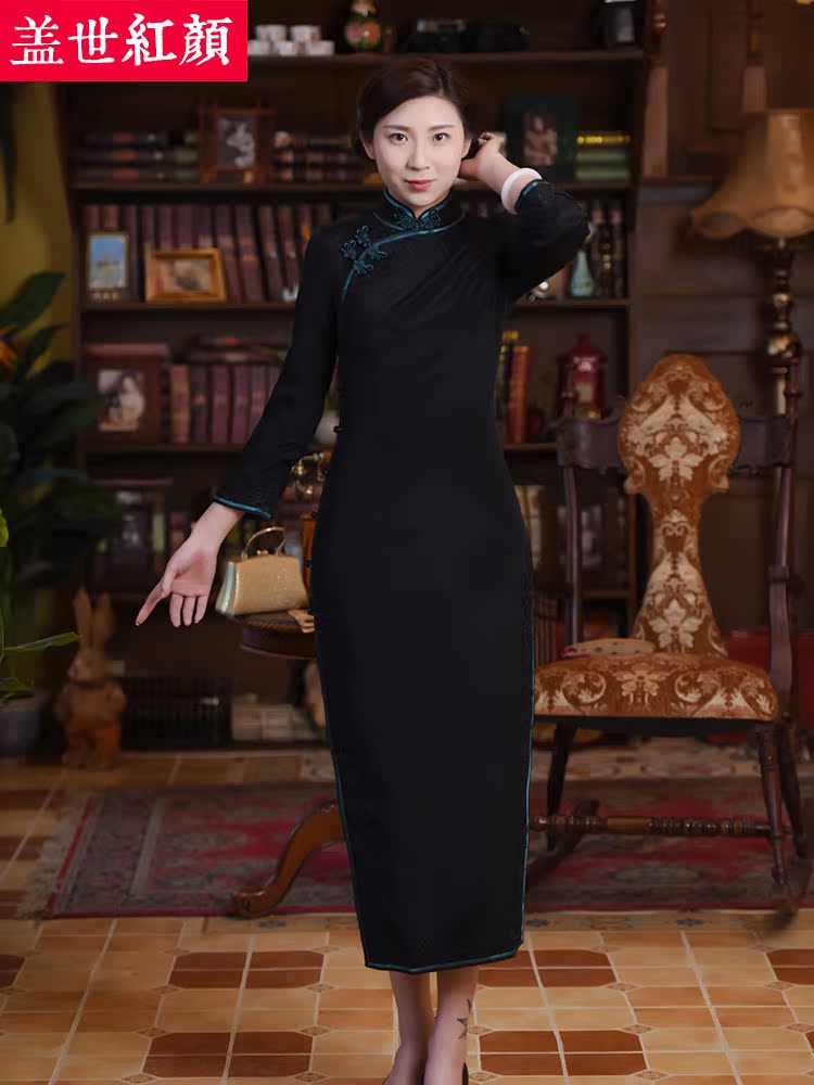 盖世红颜 Demi-season silk cheongsam, dress, increased thickness, Chinese style