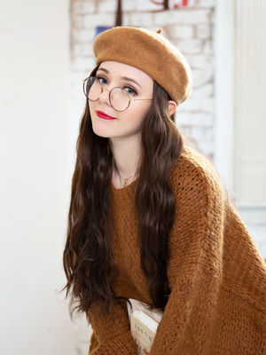 taobao agent Camel versatile Bare hat wig all -in -one female winter long hair curly hair big wave British retro full set