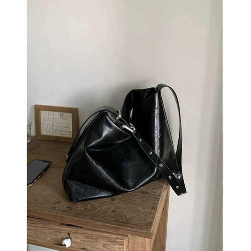 Черная корейская вместительная и большая модная льняная сумка для отдыха, сумка через плечо