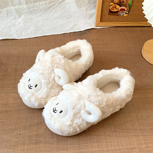 Cute lamb cotton slippers woman in spring home interior warm plush slippers thick sole non-slip bag heel cotton shoes