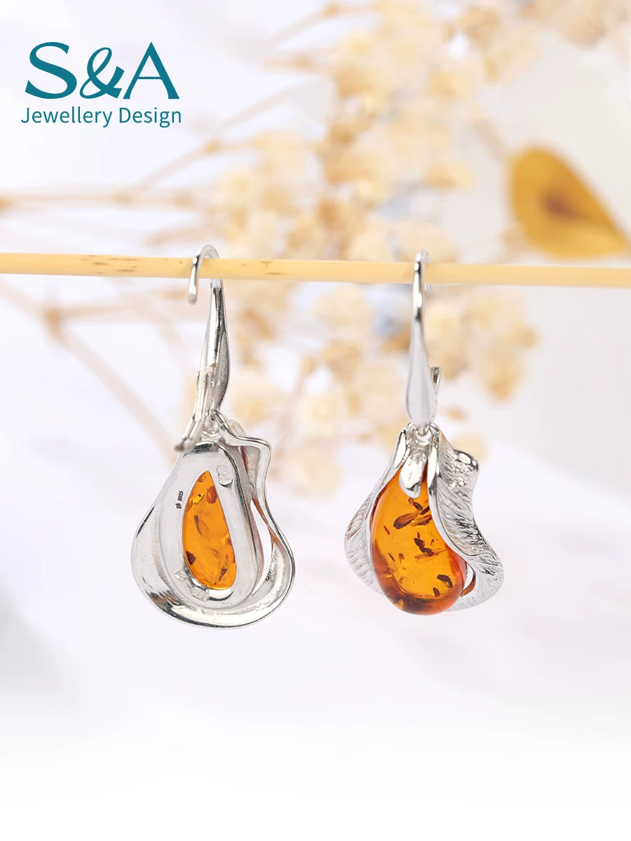 Серьги Amber S&A, модная вставка из камня, европейский стиль, образец серебра 925, с драгоценным камнем