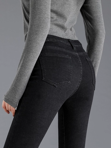 Бархатные осенние джинсы с начесом, приталенные черные штаны, 2021 года, высокая талия, по фигуре