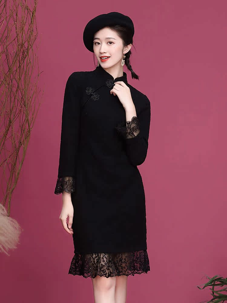 Demi-season elite modern long black cheongsam, 2020 years, city style, long sleeve