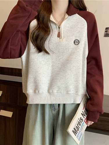 Спортивный корейский лонгслив, свободный крой, воротник поло