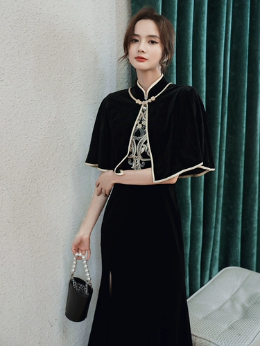 Черное бархатное легкое ципао, элегантное длинное элитное вечернее платье, светлый стиль