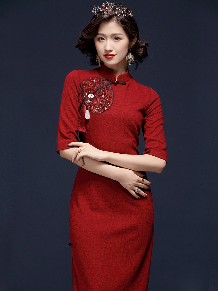 Lightweight cheongsam, retro knitted dress, autumn