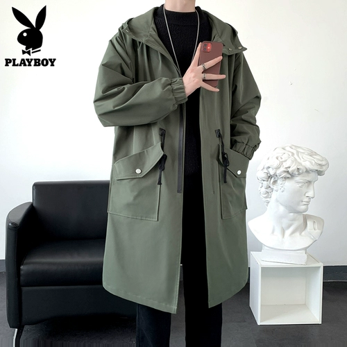 花花公子休闲风衣男士春季时尚中长外套新宽松英俊的黑色男士外套
