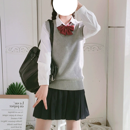 Демисезонный цветной трикотажный свитер без рукавов, жилет, японская студенческая юбка в складку, V-образный вырез, свободный крой