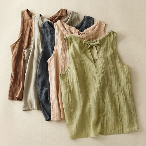 Летняя майка топ, футболка без рукавов, из хлопка и льна, свободный крой