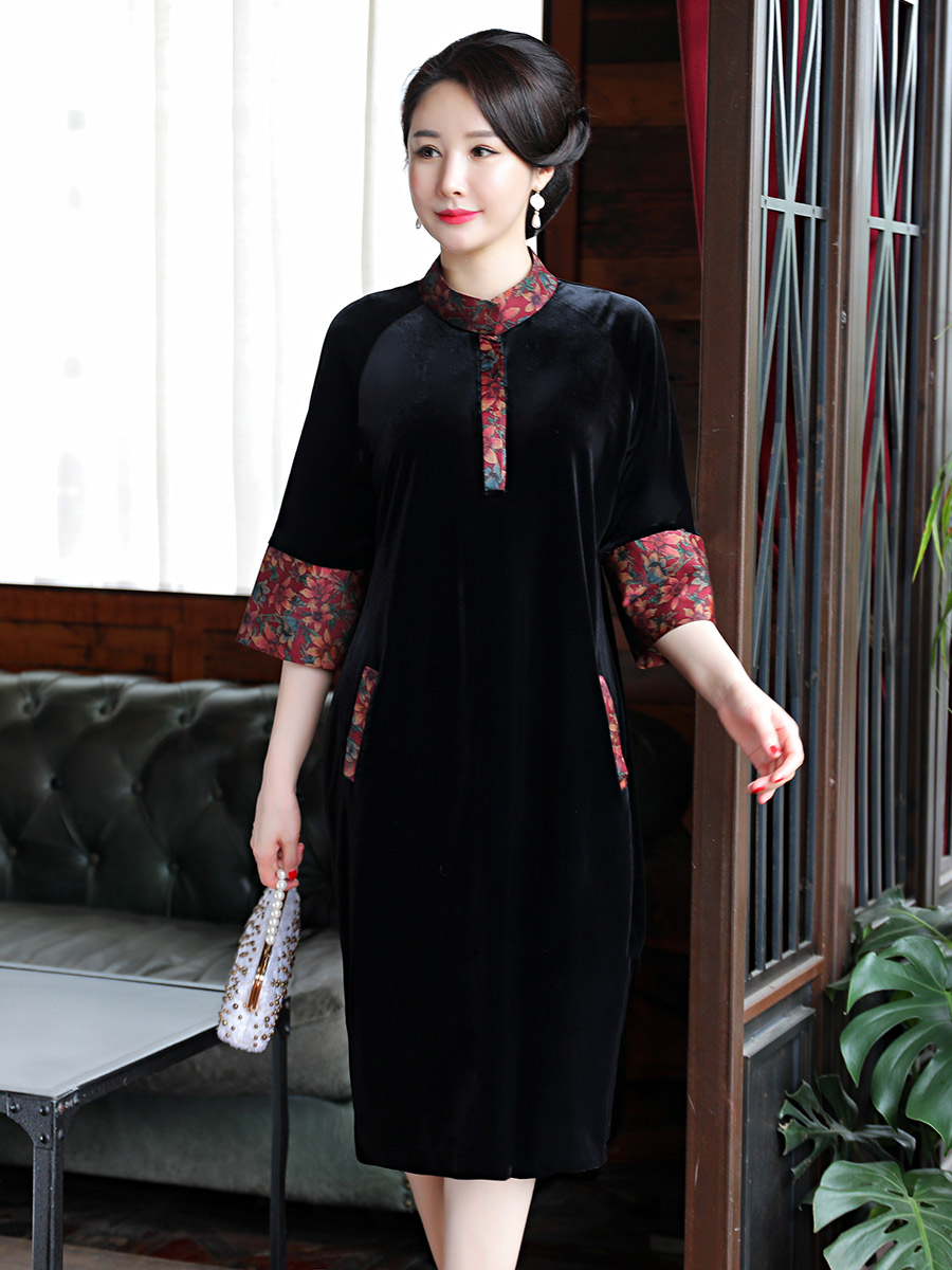 Velvet cheongsam for mother, dress, for middle age, plus size, western style, fitted