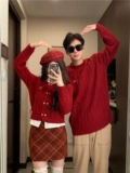 Осенний демисезонный дизайнерский красный трикотажный комплект для влюбленных, свитер, трикотажная рубашка