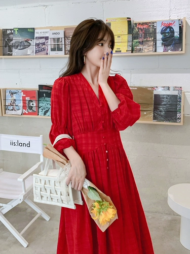 Ретро платье, осенний приталенный корсет, длинная юбка, французский ретро стиль, коллекция 2023, V-образный вырез