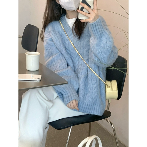 Демисезонный синий утепленный свитер, V-образный вырез, стиль