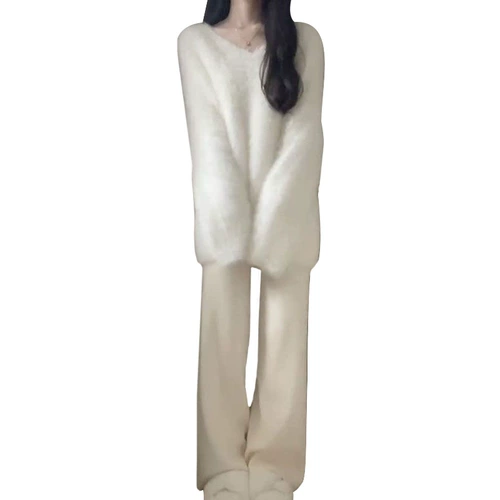 Белый цветной трикотажный свитер, демисезонный комплект, штаны