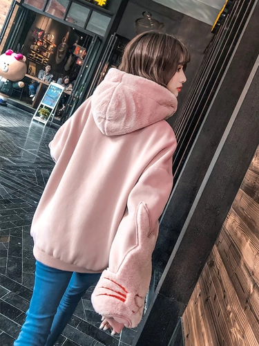 Утепленная удерживающая тепло розовая толстовка с капюшоном, зимняя мультяшная куртка, коллекция 2021, в корейском стиле