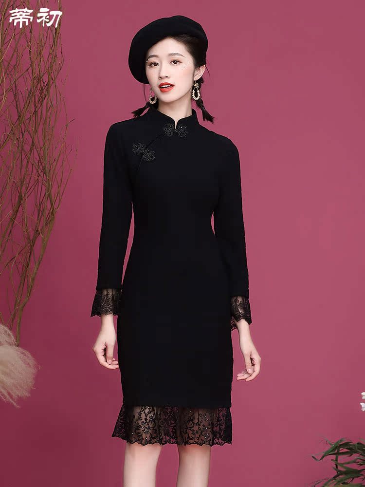 Demi-season elite modern long black cheongsam, 2020 years, city style, long sleeve