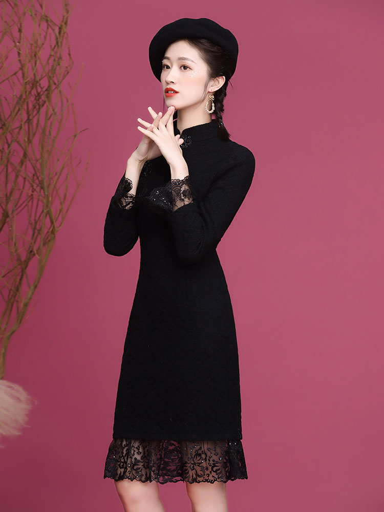 Demi-season elite modern long black cheongsam, 2020 years, city style, long sleeve
