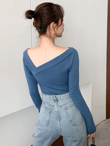 Tide, черный лонгслив, футболка, V-образный вырез, в корейском стиле, в западном стиле