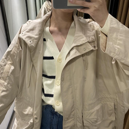 Синий бежевый корсет с капюшоном, плащ, куртка, свободный крой