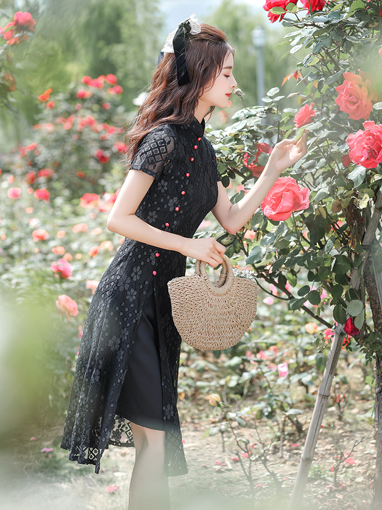 Black lace summer cheongsam, lightweight dress, 2021 collection, oversize