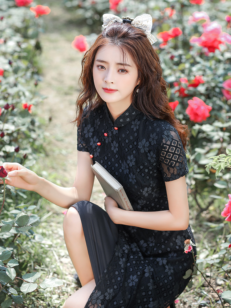 Black lace summer cheongsam, lightweight dress, 2021 collection, oversize