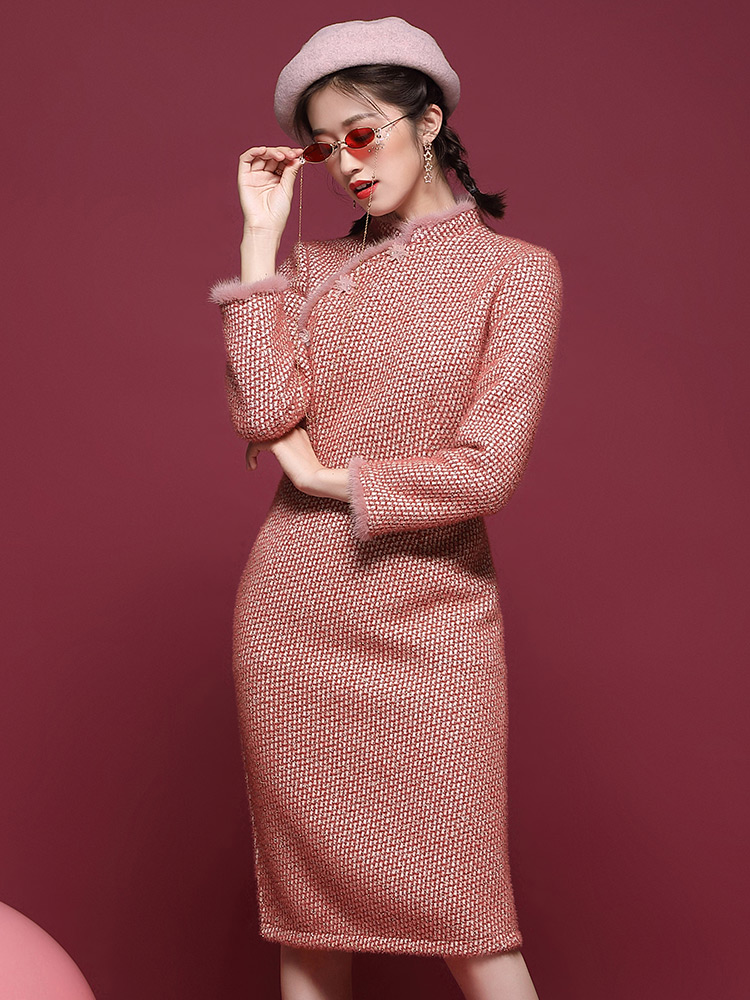Winter retro cheongsam, lightweight dress, long sleeve, increased thickness