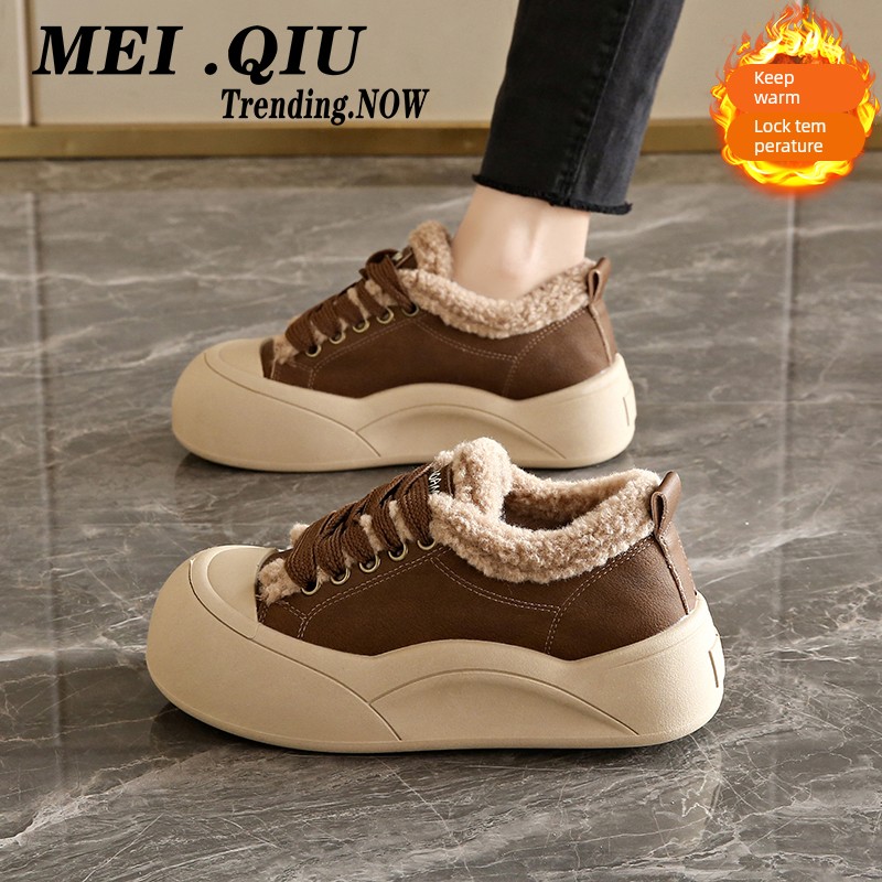 Bailu same style thick-soled warm mushroom shoes for women 2025 winter new casual plus velvet cotton shoes antique fur sneakers