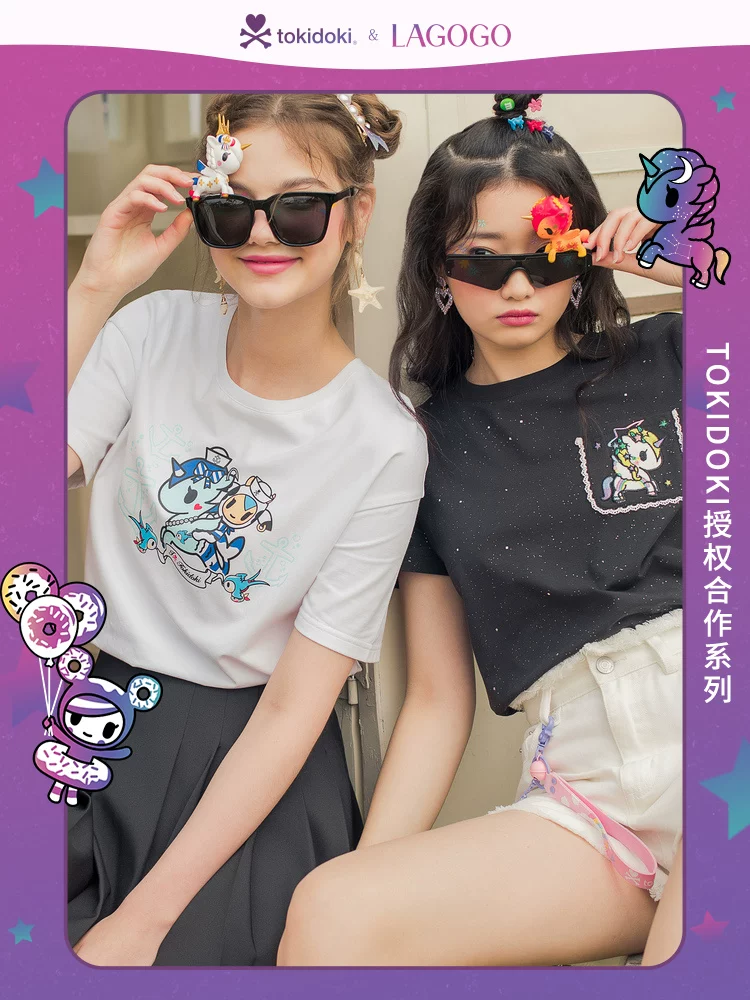 [Tokidoki joint name] Lagogo единорог летом новая черная футболка с круглым вырезом для школьного wind женский топ