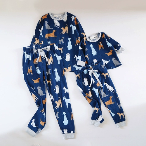 澳好牌男童纯棉长袖T恤长裤满印家居服套装春秋华夫格上衣裤 分开