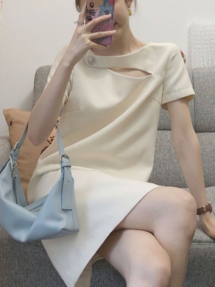 Spring design white dress, 2021 years, french style, trend of season, fitted Spring design white dress, 2021 years, french style, trend of season, fitted