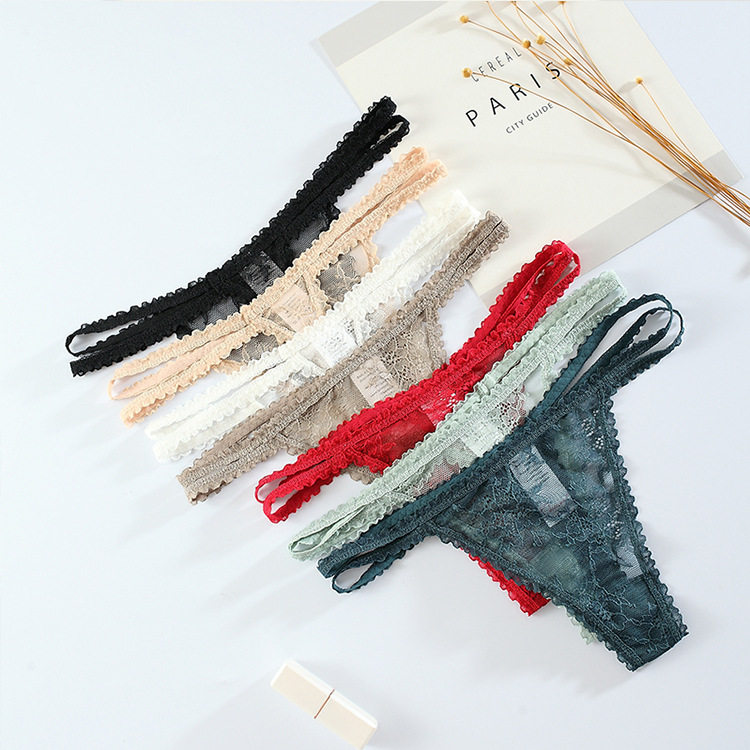 Lace Sexy Tiny pants female underpants ultra-thin hollowed-out perspective Two wires t-back No marks Low waist lifting hip plastic body-Taobao