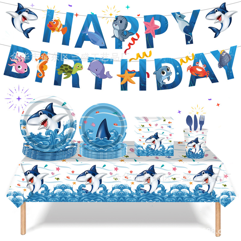 Children's Birthday Shark Ocean Theme Plates, Flags, Napkins, Disposable Tableware, Decoration Party Supplies