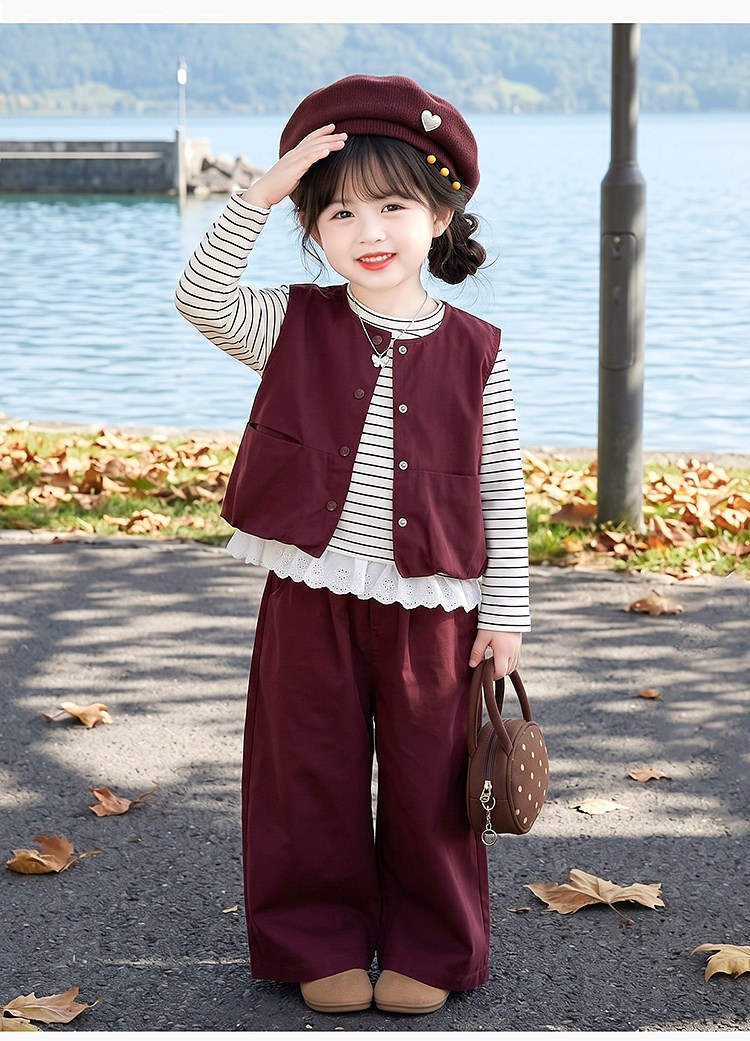 Girls' Stylish Loose-Fitting Spring and Autumn Striped Wide-Leg Pants Three-Piece Set, Super Cute Casual Korean-Style Outfit, Fashionable — 10