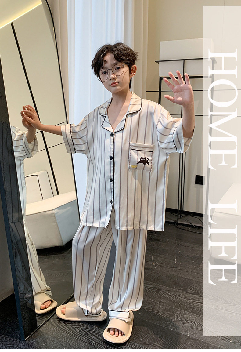 All-Cotton Pure Cotton Ice Silk Pajamas for Boys, Summer Short-Sleeve Three-Piece Set, Air-Conditioned Clothing for Older Children, 2026 New Model — 10