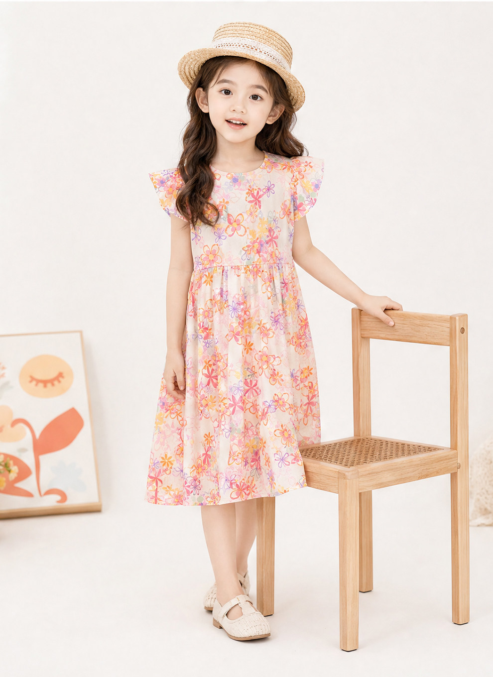 Summer Flying Sleeve Floral Children's Noil Poplin Dress — 15