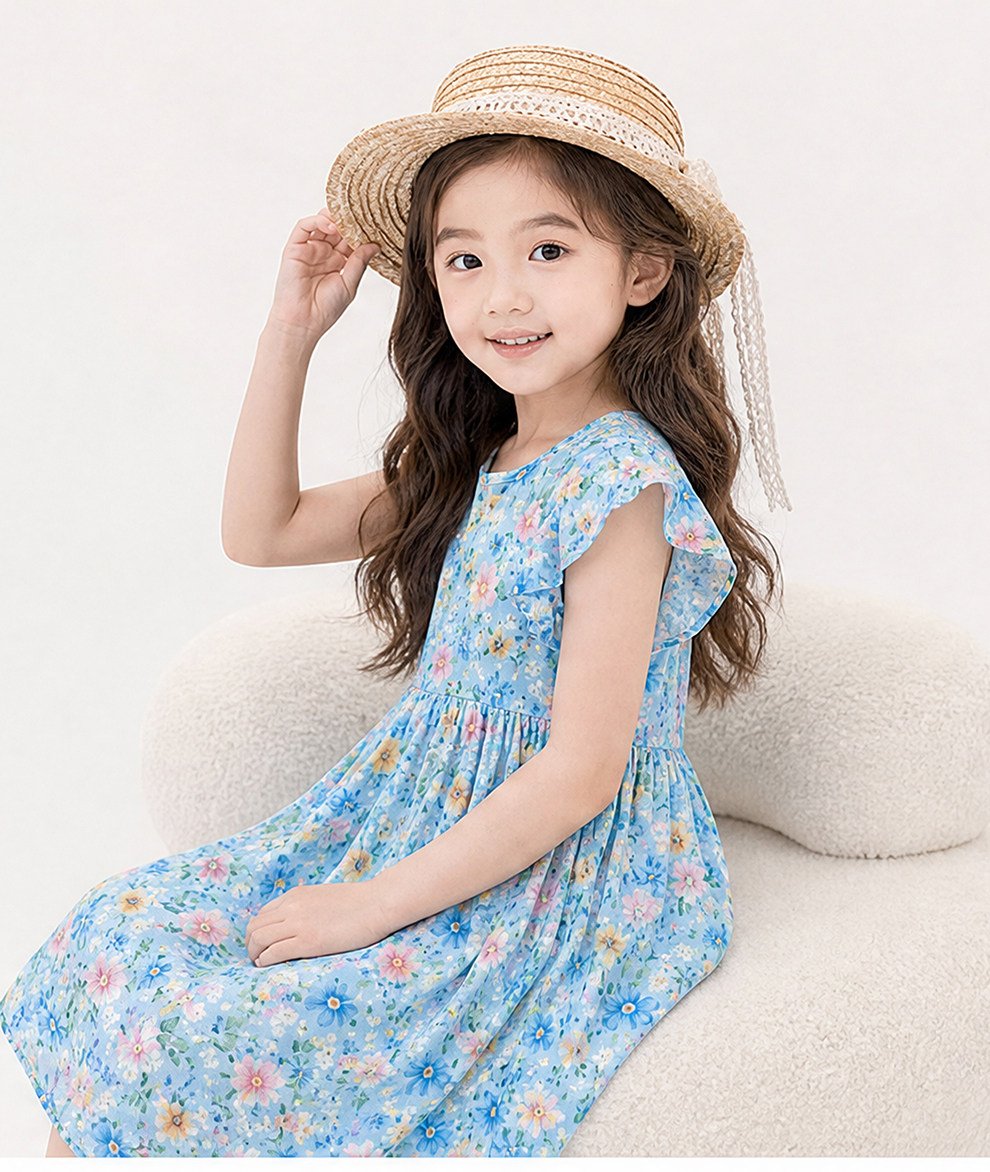 Summer Flying Sleeve Floral Children's Noil Poplin Dress — 17
