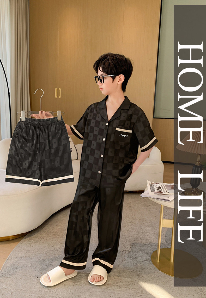 All-Cotton Pure Cotton Ice Silk Pajamas for Boys, Summer Short-Sleeve Three-Piece Set, Air-Conditioned Clothing for Older Children, 2026 New Model — 36