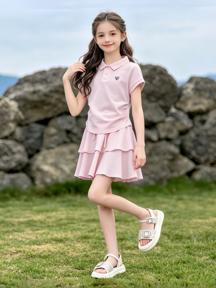 Girls' Summer Polo Shirt Set 2026 New Style Children's Casual Short-Sleeve T-Shirt Short Skirt Set for Older Children — 8