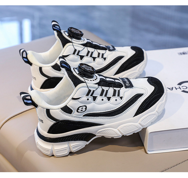 Kading Children's Shoes Boys' Sports Shoes 2026 Autumn New Ultra-Light Leather Waterproof Rotating Button Shock-Absorbing Running Shoes — 22