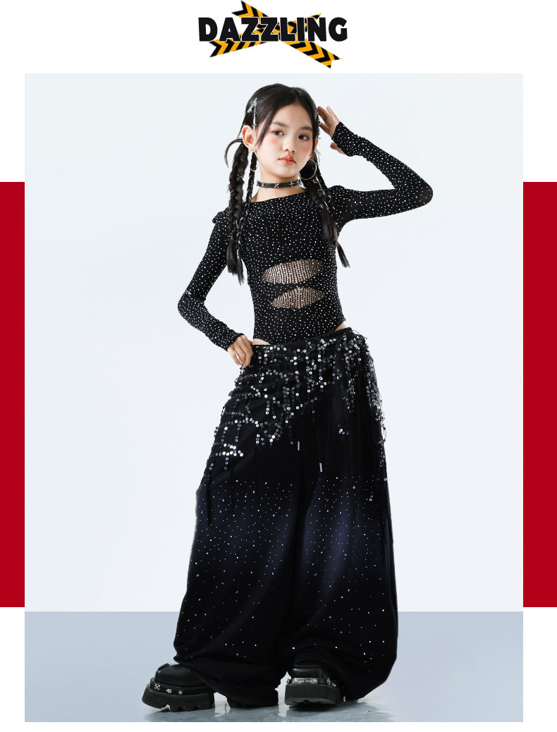 Children's Jazz Dance Clothing, Midriff-Baring Mesh Top and Pants Set, Jazz Girls' Street Dance Trendy Outfit, June 1St Performance Costume — 18