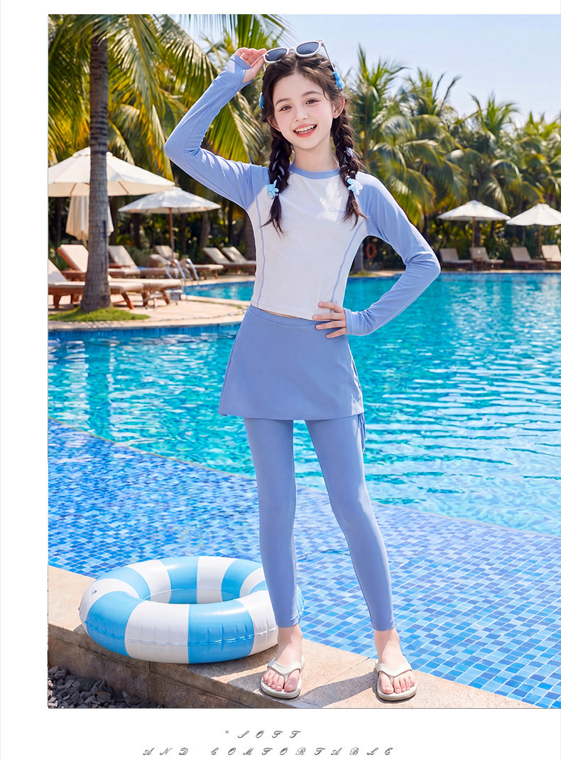 Girls' Swimsuit 2026 New Style Kidsren's Long-Sleeved Sun Protection Swimsuit Summer Girls' High-Looking Sports Swimsuit Two-Piece Set — 13