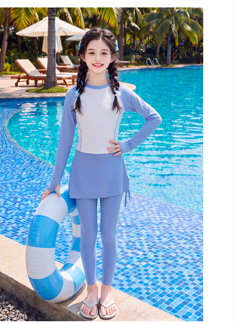 Girls' Swimsuit 2026 New Style Kidsren's Long-Sleeved Sun Protection Swimsuit Summer Girls' High-Looking Sports Swimsuit Two-Piece Set — 16
