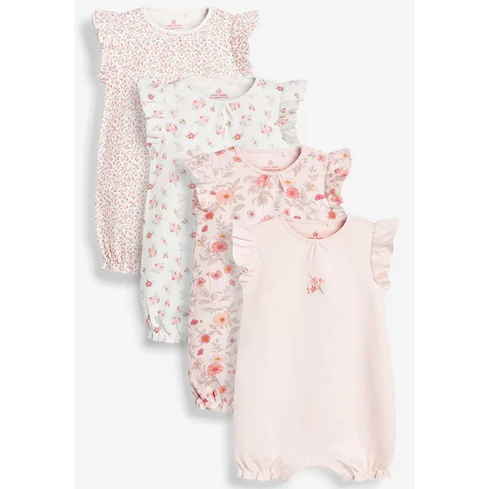 In-Stock Next Children's Clothing for Girls, Pink Floral Bird Print Sleeveless Short-Sleeve Romper Jumpsuit — 18