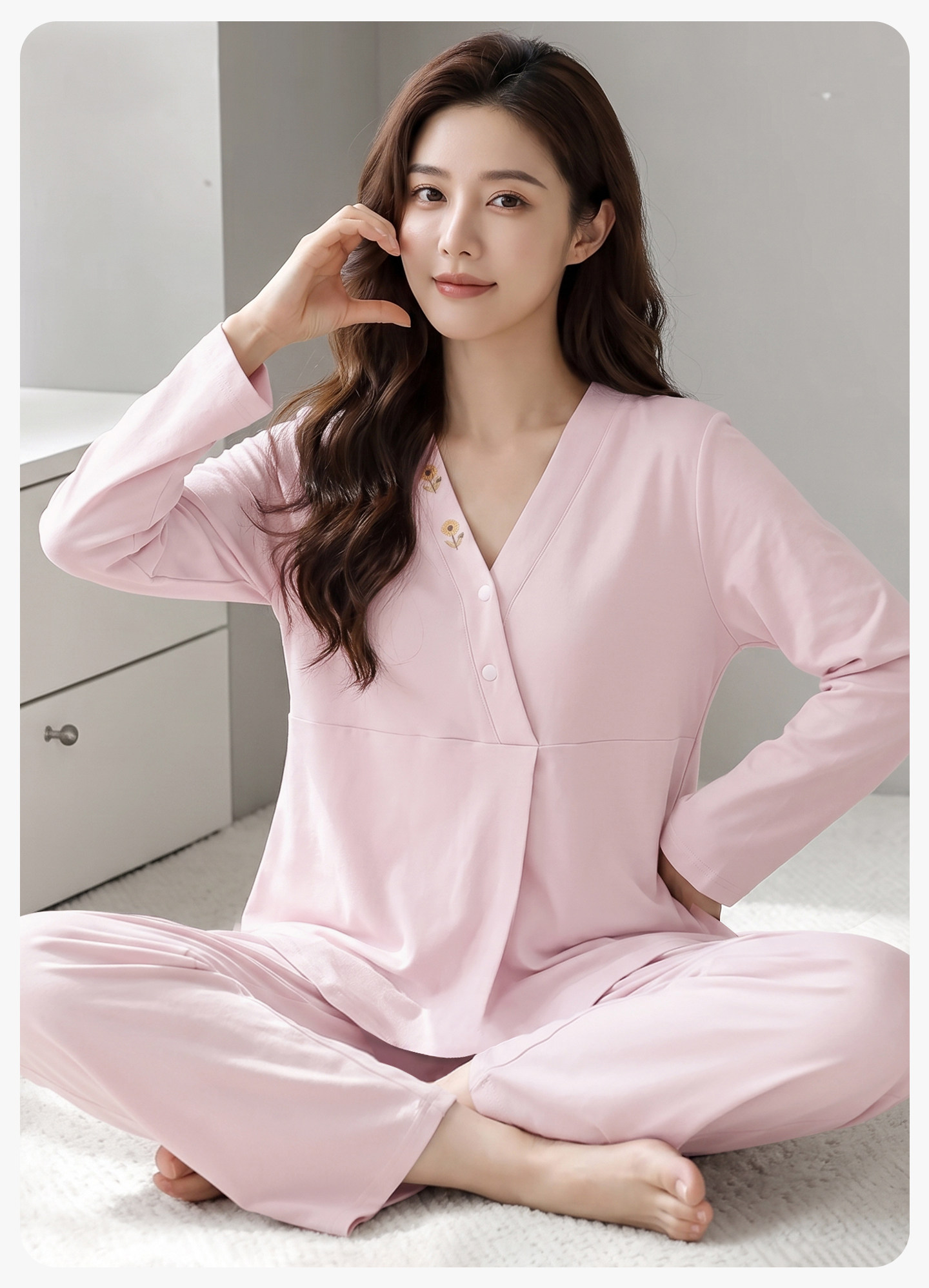 Hat with Chest Pad, Autumn and Winter Maternity Wear, Pure Cotton Nursing Pajamas, Spring and Autumn Postpartum Maternity Wear, Non-Tightening Home Wear — 19