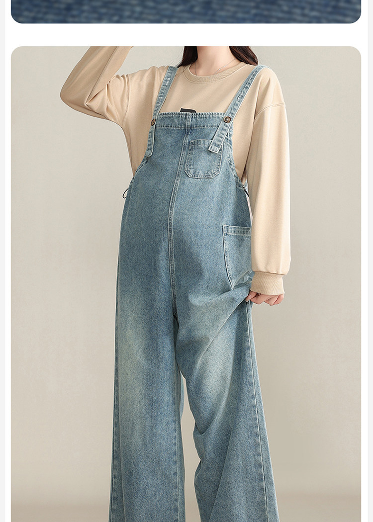 Maternity Denim Overalls That Don'T Squeeze the Belly, Loose-Fitting Plus-Size Pants for Autumn, Age-Reducing Wide-Leg Pants for Pregnant Women, Fall Wear — 8