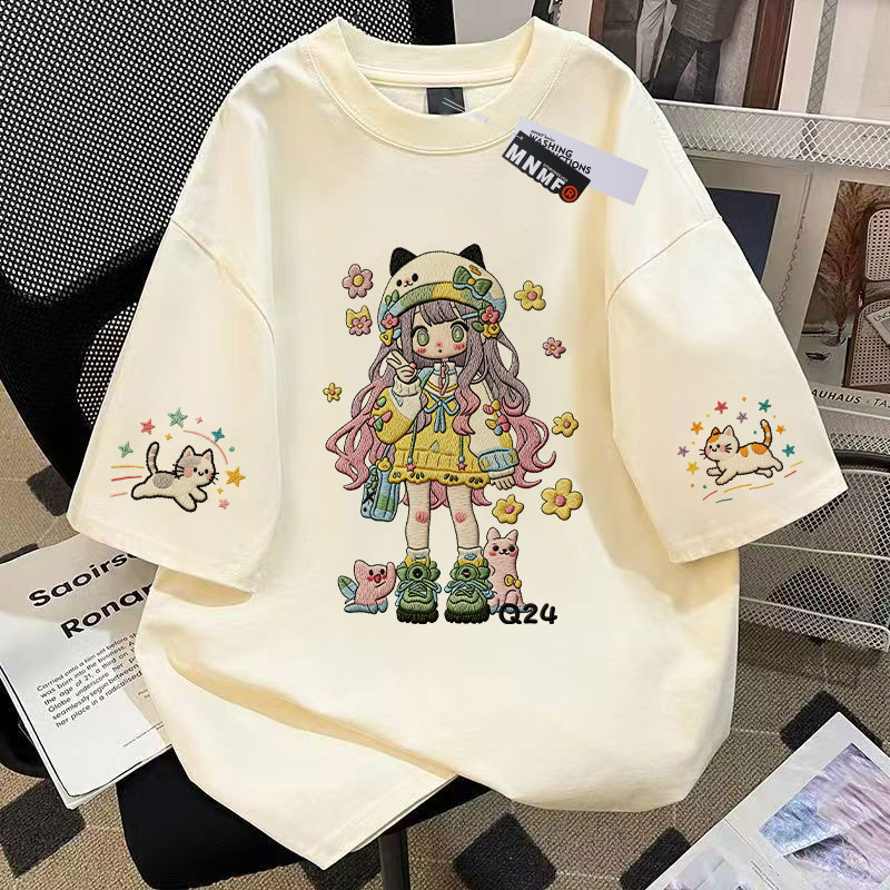 Girls' Pure Cotton Short-Sleeve T-Shirt, Summer 2026 New Style, Featuring Shark and Kitten Designs, Trendy and Versatile Half-Sleeve Top for Older Children — 39