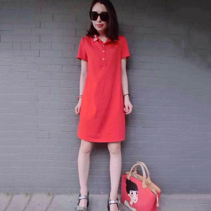 欧洲站2017夏装新款连衣裙 卡通印花翻领宽松短袖休闲大码女装裙