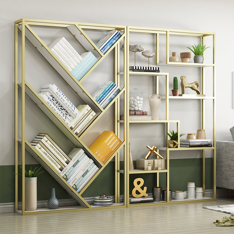 Nordic wrought iron solid wood shelf creative floor-standing bookshelf office bookcase combination golden living room display rack