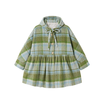 iamnotbad「绿野精灵」绿色格纹木质撞色扣子木耳边斗篷式大衣